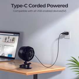 Ventilador de mesa pequeno, ventilador de clipe USB, vento forte e ultra-silencioso, ajustável a 360°, 3 velocidades, ventilador pessoal mini USB-C prefixado, adequado para escritório, mesa de dormir
