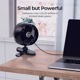 Ventilador de mesa pequeno, ventilador de clipe USB, vento forte e ultra-silencioso, ajustável a 360°, 3 velocidades, ventilador pessoal mini USB-C prefixado, adequado para escritório, mesa de dormir
