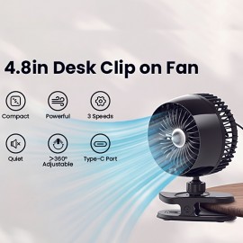 Ventilador de mesa pequeno, ventilador de clipe USB, vento forte e ultra-silencioso, ajustável a 360°, 3 velocidades, ventilador pessoal mini USB-C prefixado, adequado para escritório, mesa de dormir