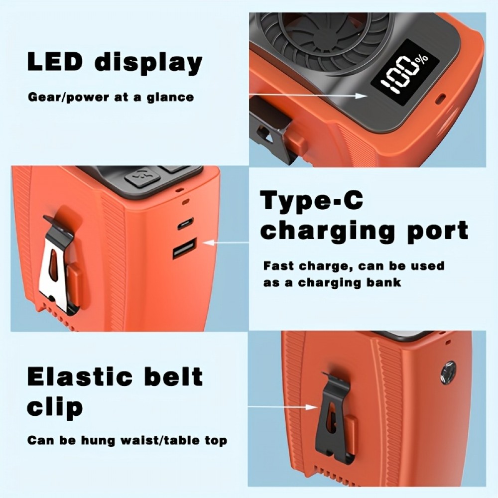 Ventilador de Pescoço Portátil 10000mAh com Design Pendurável/Sujeitado 2-em-1, 5 Velocidades Ajustáveis, Lanterna Embutida, Recarregável por USB, Leve para Acampamento, Caminhadas e Viagens - 3 Cores (Preto/Vermelho/Verde)