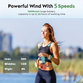 Ventilador de Pescoço Portátil 10000mAh com Design Pendurável/Sujeitado 2-em-1, 5 Velocidades Ajustáveis, Lanterna Embutida, Recarregável por USB, Leve para Acampamento, Caminhadas e Viagens - 3 Cores (Preto/Vermelho/Verde)