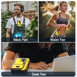 Ventilador de Cintura Pessoal Portátil Recarregável Sem Usar as Mãos, com Visor Digital, Ventoinha Refrescante Vestível por 10 Horas para Viagens e Trabalho ao Ar Livre no Escritório (Amarelo/Prateado/Branco)
