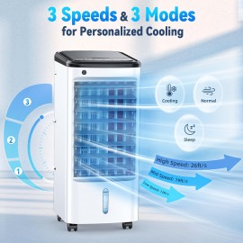 Resfriador de Ar Portátil Sem Janela com 6 Pacotes de Gelo, Temporizador Inteligente de 12H para Desligamento Automático, Controle Remoto de 8m, Tanque de Enchimento Superior, Resfriador Evaporativo com 3 Velocidades e Balanço Automático de 70°