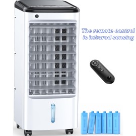 Resfriador de Ar Portátil Sem Janela com 6 Pacotes de Gelo, Temporizador Inteligente de 12H para Desligamento Automático, Controle Remoto de 8m, Tanque de Enchimento Superior, Resfriador Evaporativo com 3 Velocidades e Balanço Automático de 70°