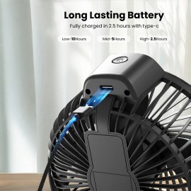 Ventilador portátil de 2000mAh com bateria, ventilador silencioso com clipe, ventilador USB, três ventiladores com tela, adequado para mesa de escritório, banco traseiro do carro, bicicleta, acampamento ao ar livre, preto