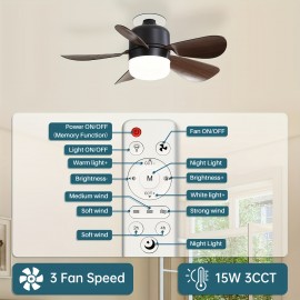 Sofucor 1pc 16 polegadas ventilador de soquete luz teto ventiladores com luzes e controle remoto - parafuso em pequeno ventilador de teto substituição para lâmpada e26, luzes de 3 cores dimáveis, 6 velocidades ventilador de teto para quarto, banheiro e la