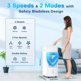 Resfriador de ar sem janelas 3 em 1, tanques duplos, temporizador inteligente, 3 pacotes de gelo, resfriador de ar evaporativo de 60 W, oscilação de 70°, 3 velocidades, resfriador de lagoa de 25 polegadas para quarto