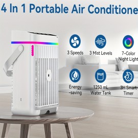 Mini ventilador de ar condicionado portátil, com controlo remoto, velocidade ajustável e temporizador, humidificador refrigerado a água, luz ambiente, arrefecimento, humidificação, fornecimento de ar, tipo evaporativo de secretária pessoal, ar condicionad