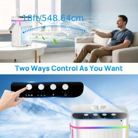 Mini ventilador de ar condicionado portátil, com controlo remoto, velocidade ajustável e temporizador, humidificador refrigerado a água, luz ambiente, arrefecimento, humidificação, fornecimento de ar, tipo evaporativo de secretária pessoal, ar condicionad