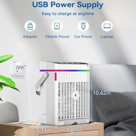 Mini ventilador de ar condicionado portátil, com controlo remoto, velocidade ajustável e temporizador, humidificador refrigerado a água, luz ambiente, arrefecimento, humidificação, fornecimento de ar, tipo evaporativo de secretária pessoal, ar condicionad