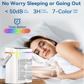 Mini ventilador de ar condicionado portátil, com controlo remoto, velocidade ajustável e temporizador, humidificador refrigerado a água, luz ambiente, arrefecimento, humidificação, fornecimento de ar, tipo evaporativo de secretária pessoal, ar condicionad