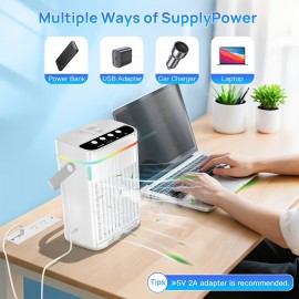 Mini ventilador de ar condicionado portátil, com controlo remoto, velocidade ajustável e temporizador, humidificador refrigerado a água, luz ambiente, arrefecimento, humidificação, fornecimento de ar, tipo evaporativo de secretária pessoal, ar condicionad