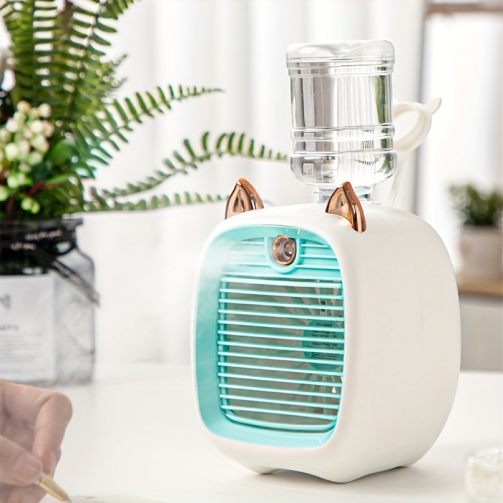 Mini ventilador de mesa USB com spray de raposa fofo, criativo e de mesa, com um ventilador pequeno, recarregável, com direção de vento ajustável, três velocidades de vento.
