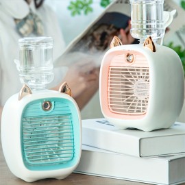 Mini ventilador de mesa USB com spray de raposa fofo, criativo e de mesa, com um ventilador pequeno, recarregável, com direção de vento ajustável, três velocidades de vento.