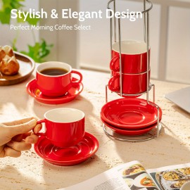 Conjunto de 4 Copos de Espresso Empilháveis de Porcelana Sweese de 2.5 Onças com Pires e Suporte Metálico