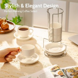 Conjunto de 4 Copos de Espresso Empilháveis de Porcelana Sweese de 2.5 Onças com Pires e Suporte Metálico