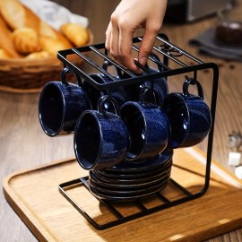 Conjunto de Copos de Café Expresso em Cerâmica Vicrays 120ml com Pires, Colheres e Suporte Metálico para Chá, Café, Cappuccino ou Latte - Conjunto de 6 - Azul