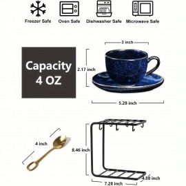 Conjunto de Copos de Café Expresso em Cerâmica Vicrays 120ml com Pires, Colheres e Suporte Metálico para Chá, Café, Cappuccino ou Latte - Conjunto de 6 - Azul