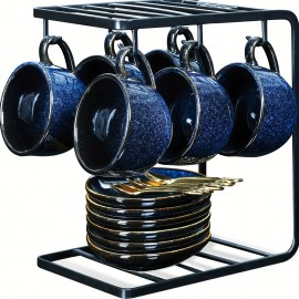 Conjunto de Copos de Café Expresso em Cerâmica Vicrays 120ml com Pires, Colheres e Suporte Metálico para Chá, Café, Cappuccino ou Latte - Conjunto de 6 - Azul