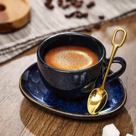 Conjunto de Copos de Café Expresso em Cerâmica Vicrays 120ml com Pires, Colheres e Suporte Metálico para Chá, Café, Cappuccino ou Latte - Conjunto de 6 - Azul
