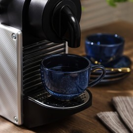 Conjunto de Copos de Café Expresso em Cerâmica Vicrays 120ml com Pires, Colheres e Suporte Metálico para Chá, Café, Cappuccino ou Latte - Conjunto de 6 - Azul