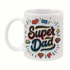 1pc, Caneca De Cerâmica, Caneca Super Pai De 11 Onças - Design Com Inspiração Em Desenhos Animados Com Elementos De Super-heróis Manualmente Desenhados, Contornos Dinâmicos E Cores Vibrantes, Presente Esquisito Para O Dia Do Pai, Aniversário Do Pai Ou Apr