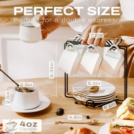 Conjunto de 6 Pequenas Xícaras de Café Cappuccino de Cerâmica de 4oz, Xícaras de Espresso com Pires, Colheres e Suporte de Metal, Xícaras Demitasse Fofas com Alça para Lungo, Espresso Duplo, Cortado (Branco)