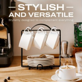 Conjunto de 6 Pequenas Xícaras de Café Cappuccino de Cerâmica de 4oz, Xícaras de Espresso com Pires, Colheres e Suporte de Metal, Xícaras Demitasse Fofas com Alça para Lungo, Espresso Duplo, Cortado (Branco)