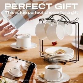 Conjunto de 6 Pequenas Xícaras de Café Cappuccino de Cerâmica de 4oz, Xícaras de Espresso com Pires, Colheres e Suporte de Metal, Xícaras Demitasse Fofas com Alça para Lungo, Espresso Duplo, Cortado (Branco)