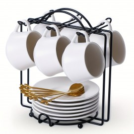 Conjunto de 6 Pequenas Xícaras de Café Cappuccino de Cerâmica de 4oz, Xícaras de Espresso com Pires, Colheres e Suporte de Metal, Xícaras Demitasse Fofas com Alça para Lungo, Espresso Duplo, Cortado (Branco)