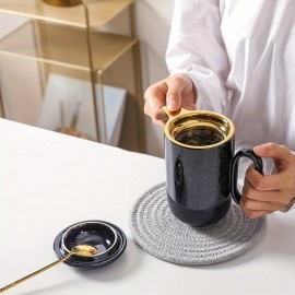 Xícara de Chá de Cerâmica Caneca Infusor - VICRAYS Grande 16 Oz Quente Folha Infusor Colher Tampinha Xícara Com Peneira - Azul Alto Esmaltado Caneca de Café Seguro para Micro-ondas - Azul