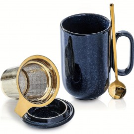 Xícara de Chá de Cerâmica Caneca Infusor - VICRAYS Grande 16 Oz Quente Folha Infusor Colher Tampinha Xícara Com Peneira - Azul Alto Esmaltado Caneca de Café Seguro para Micro-ondas - Azul