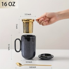 Xícara de Chá de Cerâmica Caneca Infusor - VICRAYS Grande 16 Oz Quente Folha Infusor Colher Tampinha Xícara Com Peneira - Azul Alto Esmaltado Caneca de Café Seguro para Micro-ondas - Azul