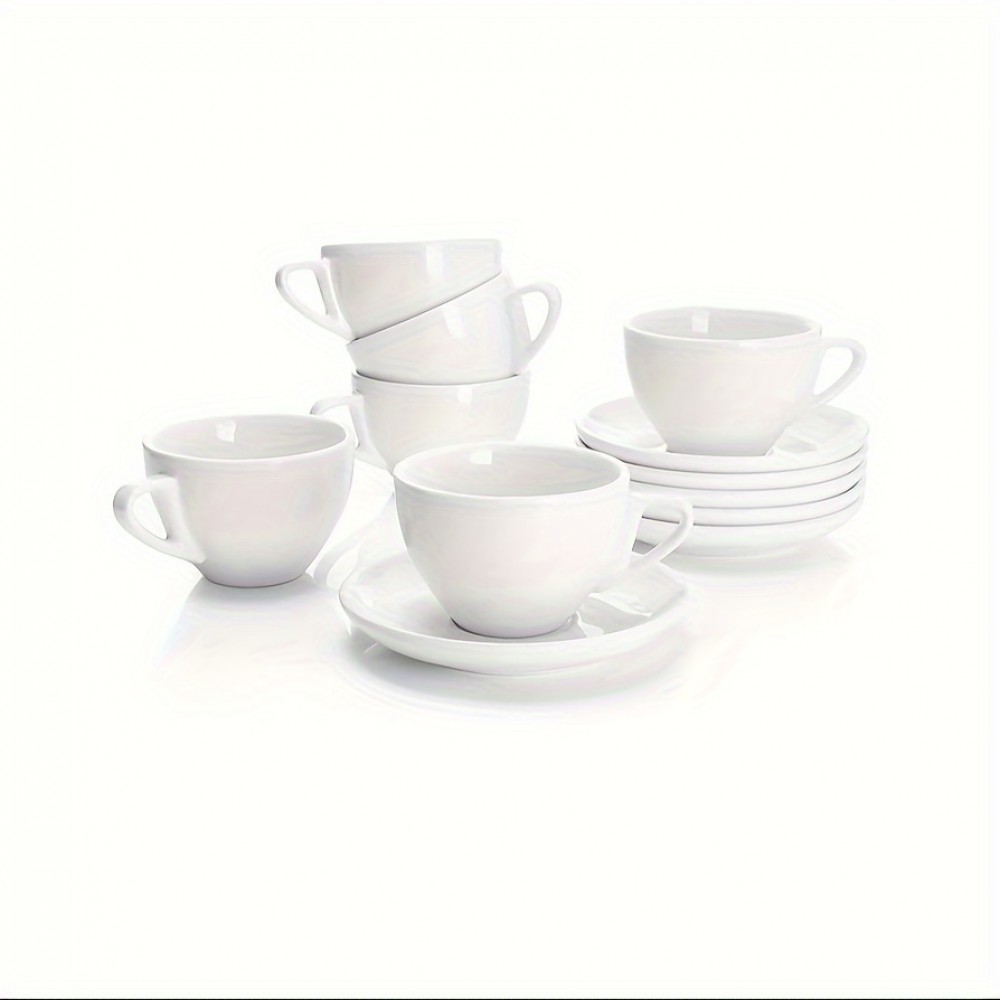 Conjunto de 6 xícaras de cappuccino Sweese de 6 oz com pires, xícara de espresso dupla de cerâmica - branco