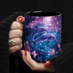 Caneca de 11oz com Desenho de Golfinho e Flor de Cerejeira - Arte em Azul Violeta Rosa Vibrante, Multiuso para Café Chá Leite Cerveja, Somente Lavagem à Mão, Presente Perfeito para Feriados Aniversários Decoração de Escritório