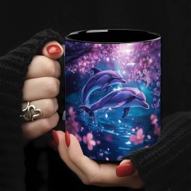 Caneca de 11oz com Desenho de Golfinho e Flor de Cerejeira - Arte em Azul Violeta Rosa Vibrante, Multiuso para Café Chá Leite Cerveja, Somente Lavagem à Mão, Presente Perfeito para Feriados Aniversários Decoração de Escritório