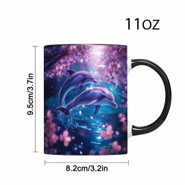 Caneca de 11oz com Desenho de Golfinho e Flor de Cerejeira - Arte em Azul Violeta Rosa Vibrante, Multiuso para Café Chá Leite Cerveja, Somente Lavagem à Mão, Presente Perfeito para Feriados Aniversários Decoração de Escritório