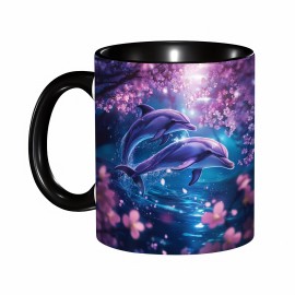 Caneca de 11oz com Desenho de Golfinho e Flor de Cerejeira - Arte em Azul Violeta Rosa Vibrante, Multiuso para Café Chá Leite Cerveja, Somente Lavagem à Mão, Presente Perfeito para Feriados Aniversários Decoração de Escritório
