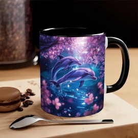 Caneca de 11oz com Desenho de Golfinho e Flor de Cerejeira - Arte em Azul Violeta Rosa Vibrante, Multiuso para Café Chá Leite Cerveja, Somente Lavagem à Mão, Presente Perfeito para Feriados Aniversários Decoração de Escritório