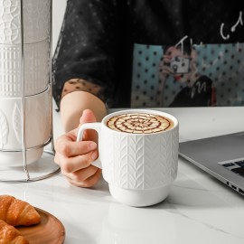 Conjunto de Canecas de Café em Cerâmica KOOV com Suporte, Caneca de 16oz para Café, Chá, Cacau, Conjunto Empilhável de 4 Canecas de Café em Cerâmica, Grande Conjunto de 4 Canecas de Café, Grandes Canecas de Café para Mulheres e Homens (Branco)