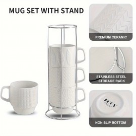 Conjunto de Canecas de Café em Cerâmica KOOV com Suporte, Caneca de 16oz para Café, Chá, Cacau, Conjunto Empilhável de 4 Canecas de Café em Cerâmica, Grande Conjunto de 4 Canecas de Café, Grandes Canecas de Café para Mulheres e Homens (Branco)