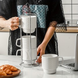 Conjunto de Canecas de Café em Cerâmica KOOV com Suporte, Caneca de 16oz para Café, Chá, Cacau, Conjunto Empilhável de 4 Canecas de Café em Cerâmica, Grande Conjunto de 4 Canecas de Café, Grandes Canecas de Café para Mulheres e Homens (Branco)