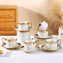 Conjunto de xícaras de cappuccino com pires, xícara de café e pires empilháveis de cerâmica de 8.5 oz com detalhes em dourado, conjunto de xícaras de café turco para duplo espresso, conjunto de xícaras de chá com 6 unidades
