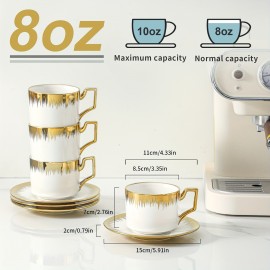 Conjunto de xícaras de cappuccino com pires, xícara de café e pires empilháveis de cerâmica de 8.5 oz com detalhes em dourado, conjunto de xícaras de café turco para duplo espresso, conjunto de xícaras de chá com 6 unidades