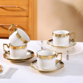 Conjunto de xícaras de cappuccino com pires, xícara de café e pires empilháveis de cerâmica de 8.5 oz com detalhes em dourado, conjunto de xícaras de café turco para duplo espresso, conjunto de xícaras de chá com 6 unidades