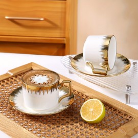 Conjunto de xícaras de cappuccino com pires, xícara de café e pires empilháveis de cerâmica de 8.5 oz com detalhes em dourado, conjunto de xícaras de café turco para duplo espresso, conjunto de xícaras de chá com 6 unidades