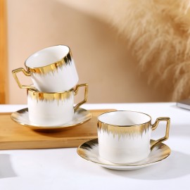 Conjunto de xícaras de cappuccino com pires, xícara de café e pires empilháveis de cerâmica de 8.5 oz com detalhes em dourado, conjunto de xícaras de café turco para duplo espresso, conjunto de xícaras de chá com 6 unidades