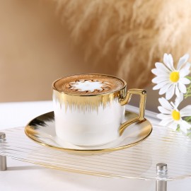 Conjunto de xícaras de cappuccino com pires, xícara de café e pires empilháveis de cerâmica de 8.5 oz com detalhes em dourado, conjunto de xícaras de café turco para duplo espresso, conjunto de xícaras de chá com 6 unidades