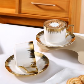 Conjunto de xícaras de cappuccino com pires, xícara de café e pires empilháveis de cerâmica de 8.5 oz com detalhes em dourado, conjunto de xícaras de café turco para duplo espresso, conjunto de xícaras de chá com 6 unidades