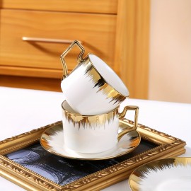 Conjunto de xícaras de cappuccino com pires, xícara de café e pires empilháveis de cerâmica de 8.5 oz com detalhes em dourado, conjunto de xícaras de café turco para duplo espresso, conjunto de xícaras de chá com 6 unidades